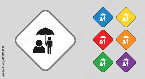 Vector illustration colorful of people under umbrellas in various colored icons and signs