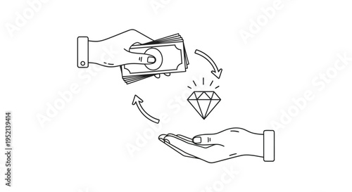 Vector illustration of Hands Exchanging Money for a Diamond on a White Background