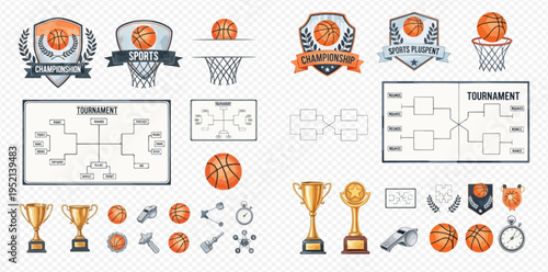 Basketball tournament elements set with trophies, balls, court, and championship emblems.