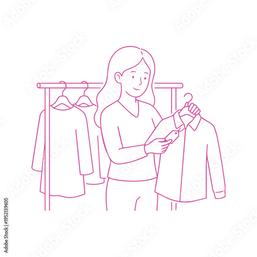 Woman choosing clothes rack line icon. Vector illustration isolated on white background.