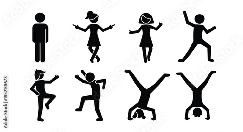 Vector illustration monochrome silhouettes of people performing various dance movements and poses on white background