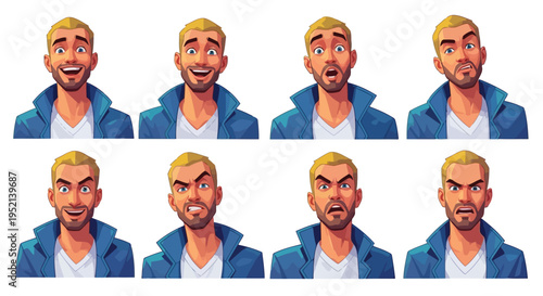 Vector illustration of Blond Man in Blue Jacket with Multiple Facial Expressions