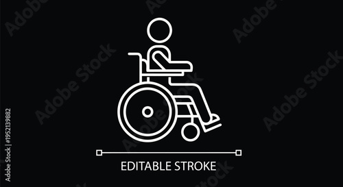 Vector illustration monochrome minimal person sitting in wheelchair on black background