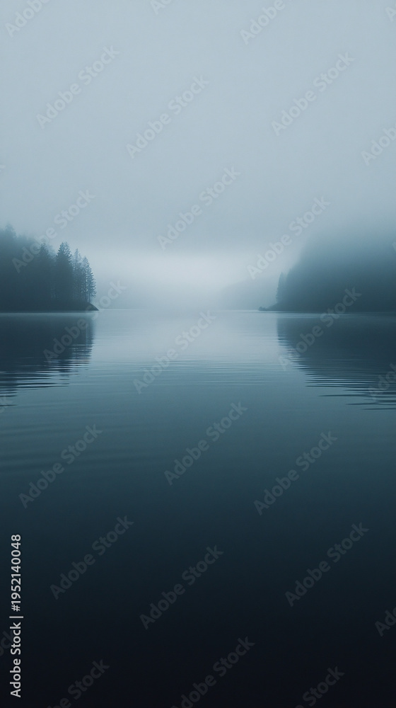 Fototapeta premium Calm water reflecting the mysterious foggy forest horizon
