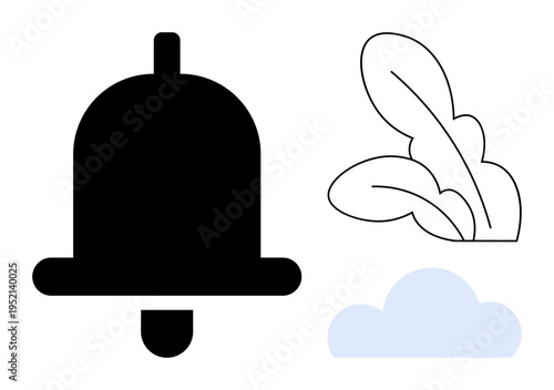 Notification systems, minimalism, nature concepts, relaxation, reminders, design decor. Black bell shape, abstract leaves light blue cloud. Notification systems and minimalism concept