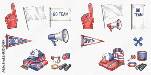Collection of sports fan accessories including foam fingers, flags, megaphones, pennants, and team apparel.
