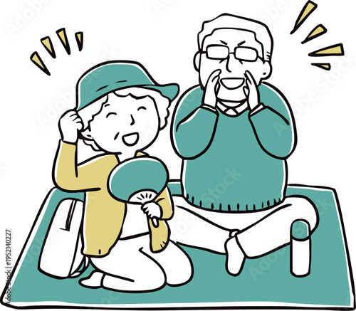 運動会で応援をするおじいちゃんとおばあちゃん_2色