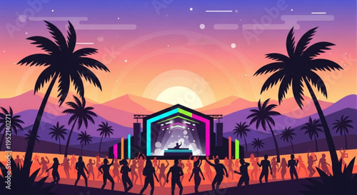 Vibrant beach party scene at sunset with palm trees dancing silhouettes and colorful stage lights