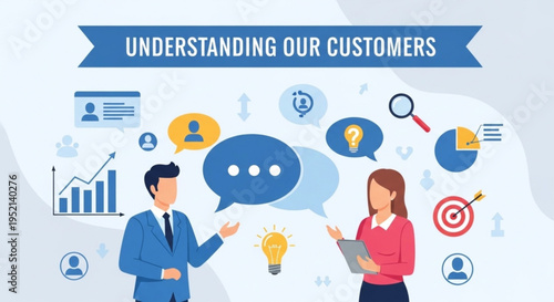Business people analyzing customer data and feedback with graphs charts and icons representing market research and understanding target audience
