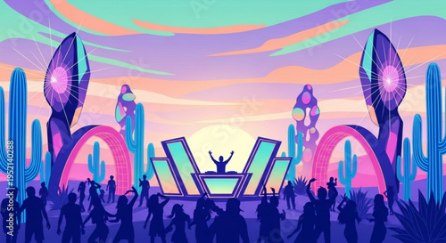 Vibrant festival crowd dancing under colorful desert sky with abstract art installations