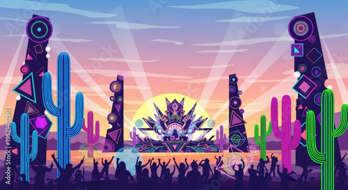 Vibrant desert music festival at sunset with speakers and cacti lively crowd dancing in front of colorful stage