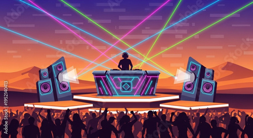 Dj performing at vibrant outdoor music festival with colorful lights and crowd