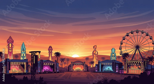 Vibrant carnival at sunset with ferris wheel and colorful booths in a desert landscape