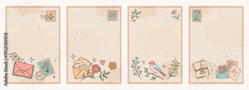 Hand drawn whimsical greeting card set with envelopes, letters, flowers and branches in soft poetcore style. Vector illustrations for romantic cards and invitations