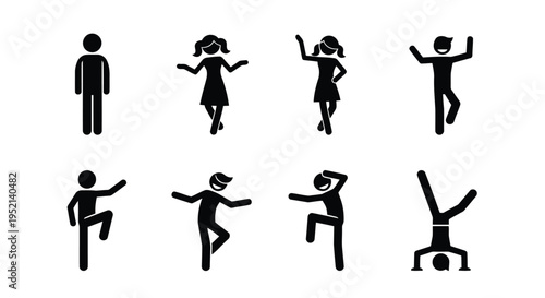 Vector illustration monochrome minimal stick figures dancing performing various actions on white background