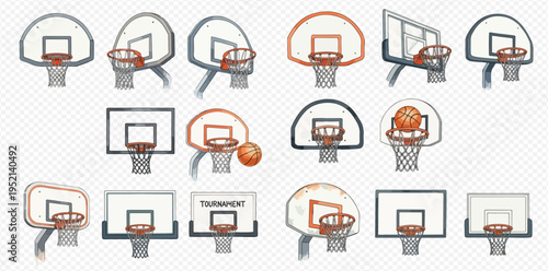 Set of various basketball backboards and hoops, different designs for sports equipment.