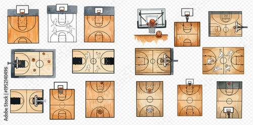 Watercolor collection of various basketball court layouts and designs, including top-down views and hoop details, for sports graphics and illustrations.