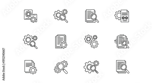 Vector illustration of Gears Magnifying Glasses and Documents in Richly Colorful Detailed Style