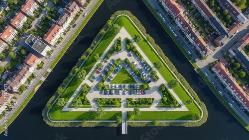 Aerial view of a triangular shaped park with buildings and trees surrounded by water and city streets