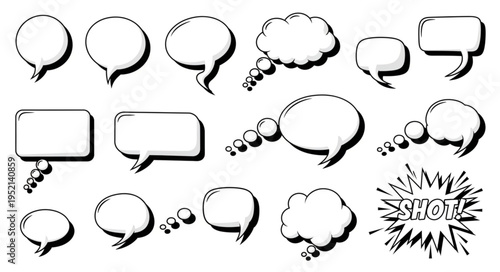 Collection of comic book style speech bubbles and thought bubbles.