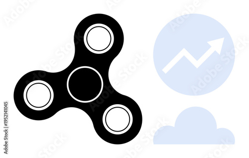 Productivity, mental focus, business growth, stress relief, success, innovation. Black fidget spinner alongside upward arrow and cloud graphic. Productivity and stress relief concept