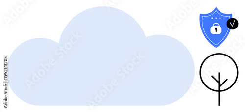 Cloud security concept. Cloud symbol linked with a shield for data protection and minimalist graphics. Cloud security ensures safeguarding sensitive information. For tech, data storage, privacy