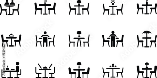 Collection of restaurant dining table and chair icons with people, food and decor elements, minimal silhouette pictograms for cafe seating, hospitality, menu, and dining concepts