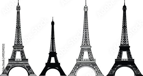 Eiffel Tower silhouettes collection in different styles, iconic Paris landmark architecture set, France travel symbol isolated vector illustration for tourism, city design and branding