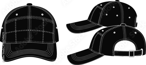 Technical flat sketch of a baseball cap mockup showing front and side views, black headwear template with adjustable strap for fashion design apparel