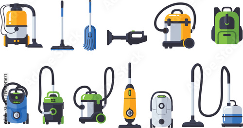 Vacuum cleaner collection with household cleaning equipment set, modern canister, upright and backpack vacuum machines, home maintenance tools isolated vector illustration for cleaning services