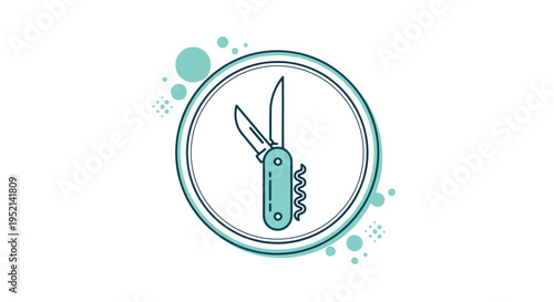 Vector illustration detailed colorful pocket knife with blue accents in a circular frame isolated