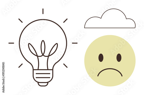 Creativity, emotional impact, problem-solving, mental health, ideas, mood balance. A lightbulb, sad face and cloud in a simple design. Creativity and emotional impact as key conceptual ideas