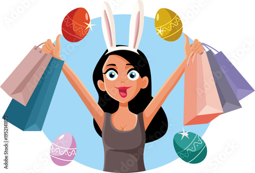 Woman Woman with Bunny Ears Doing Easter Shopping Vector Illustration. Cheerful shopper going on a spree in Easter holiday spring season of saleswith Bunny Ears Doing E...