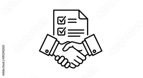 Vector illustration monochrome handshake agreement icon with checklist document on isolated white background
