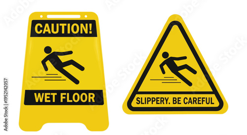 Vector illustration of Yellow Caution Wet Floor and Slippery Be Careful Signs