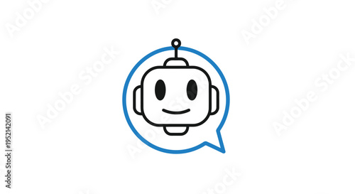 Vector illustration minimal robot character in blue speech bubble on white isolated background for infographic