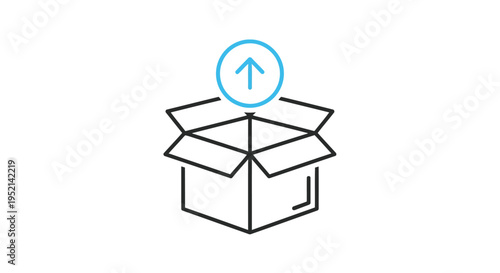 Vector illustration minimal colorful flat of open cardboard box with blue upward arrow