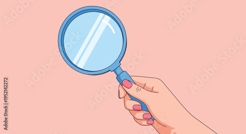 Vector illustration of Hand Holding Blue Magnifying Glass on Pink Background Closely