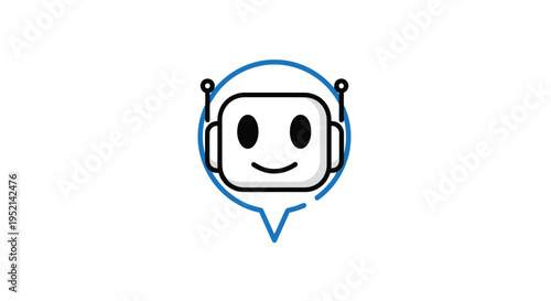 Vector illustration colorful smiling robot character wearing headset with blue speech bubble isolated on white