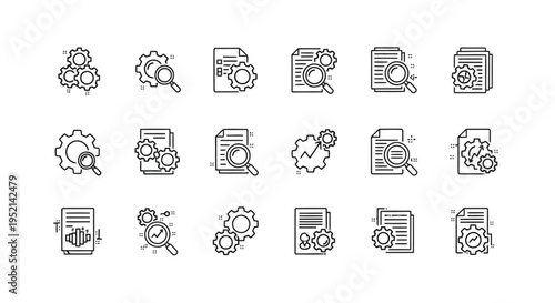 Vector illustration of Gears Magnifying Glasses and Documents in Richly Colorful Detailed Style