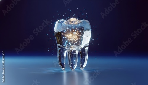 Transparent illuminated tooth model representing dental prosthesis and digital dentistry concept, highlighting restoration, implant planning, and biomaterial innovation.Dental Prosthetics / Digital De