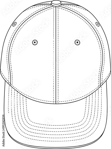 Baseball cap technical fashion drawing front view, classic isolated vector illustration for sportswear and illustration for sportswear and headwear design