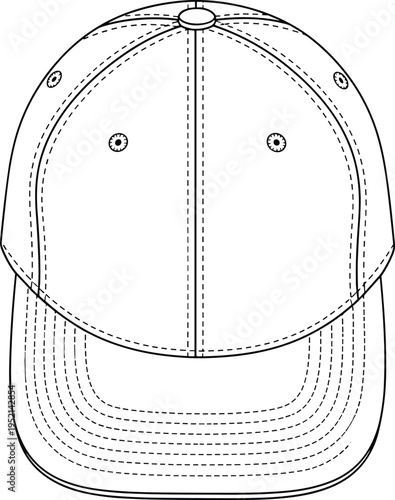 Baseball Cap Front View Technical Fashion Template, Classic Snapback Hat Outline Mockup for Apparel Design and Headwear Branding