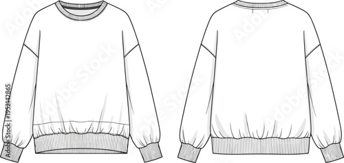 Crewneck sweatshirt technical fashion drawing front and back view, casual pullover sweater template isolated vector clothing design illustration