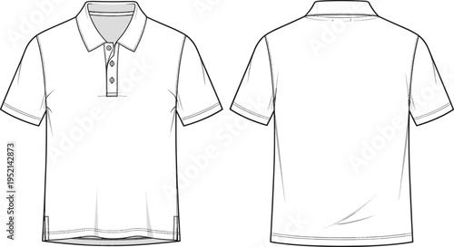 Classic Polo Shirt Front and Back View Technical Fashion Template, Short Sleeve Collared Tee Outline Mockup for Apparel Design