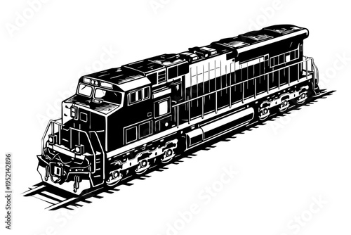 Isometric view of a freight locomotive showing engine housing, cab geometry