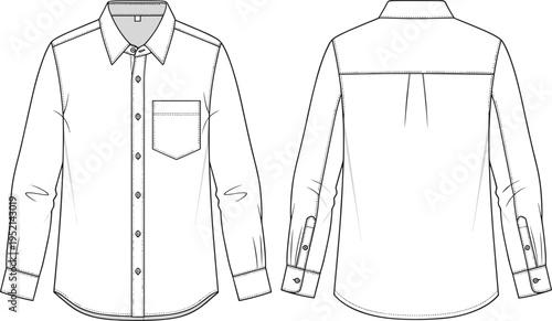 Men Long Sleeve Button Down Shirt Front and Back View Technical Fashion Template, Collared Dress Shirt Outline Mockup