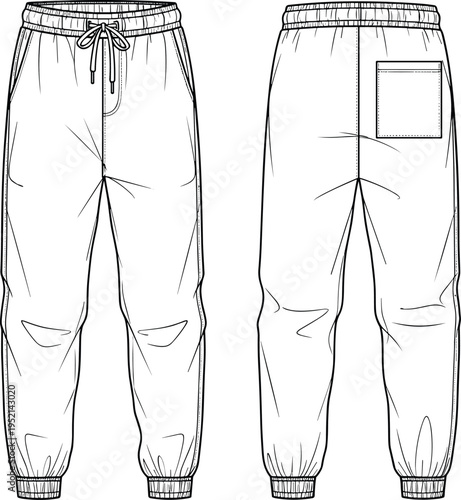 Men jogger sweatpants technical fashion drawing front and back view, casual athletic trousers template isolated vector clothing design illustration