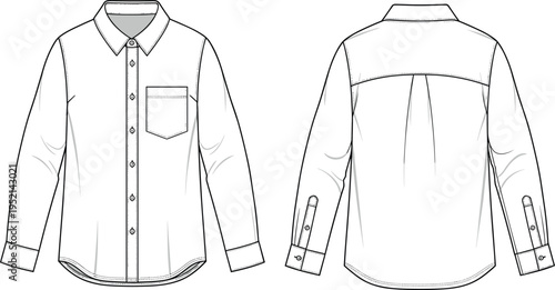 Men Long Sleeve Button Down Shirt Front and Back View Technical Fashion Template, Collared Casual Shirt Outline Mockup