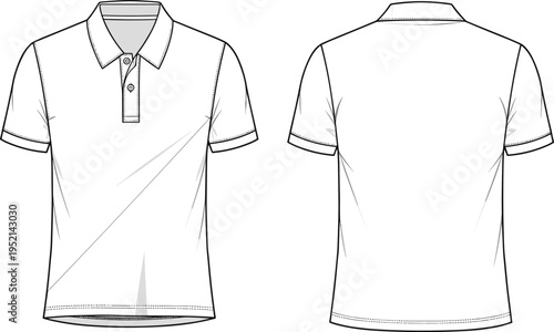 Men polo shirt technical fashion drawing front and back view, classic short sleeve collared t shirt template isolated vector illustration